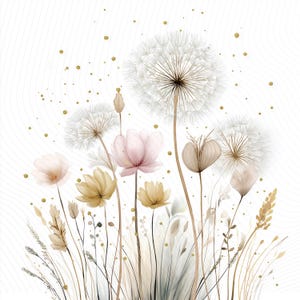 Paquete de imágenes prediseñadas de diente de león en acuarela, PNG de flores silvestres en acuarela, flores neutras suaves, descargas digitales, flores botánicas,