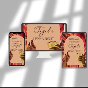 May include: Digital display mockups for a Henna Night event. The designs are displayed on a smartphone, computer monitor, and tablet. The designs feature henna hand art, gold accents, and the text "Welcome to Tagali's Henna Night."