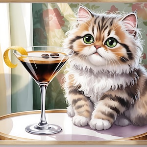 Koktajl Kitty Art Cat Espresso Martini Prezent Do Wydrukowania Uroczy Puszysty Zwierzak Ilustracja Malarstwo Wystrój Baru Nowoczesny Napój Ziarna Cyfrowe Pobieranie