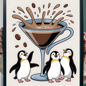 ペンギン エスプレッソ マティーニ コーヒー ギフト かわいい アートプリント 面白い 気まぐれ 漫画 装飾 キッチン スプラッシュ 豆 ナイトキャップ ドリンク イラスト ユニーク