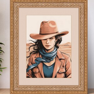 Wydruk artystyczny „Portret kowbojki”: Dekoracja w stylu westernu pustynnego (pobranie cyfrowe)