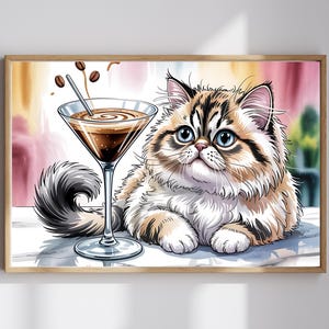 Cattini Time Art 猫のマティーニカクテルギフト 印刷可能 おもしろかわいいエスプレッソコーヒー豆 ふわふわペットバーデコレーション モダン デジタルダウンロード キッチン
