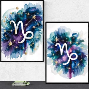 Celestial Capricorn Wall Art Set Gift, Watercolor Zodiac Printable Gift, Cosmic Capricorn Constellation Poster, Astrology Art for Home Decor