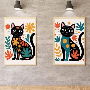 Folk Cat Wall Art Set of 2, Playful Black Cat Poster Bundle, Modern Boho Animal Prints, Colorful Nursery Decor, Whimsical Cat Wall Art Gifts