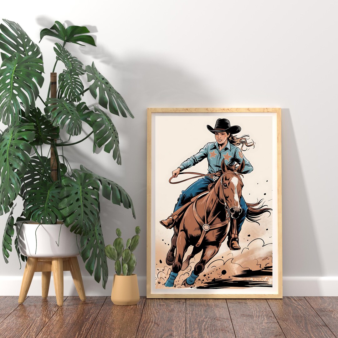 Western Cowgirl Barrel Racer Printable Art, Rodeo Horse Riding Digital ...
