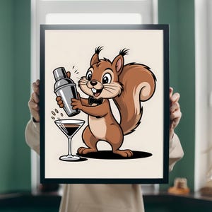 ほろ酔いリスの面白いバーテンダープリントカクテルシェイカーポスター気まぐれな動物のイラストバーカート壁装飾キッチンマティーニダウンロードギフト