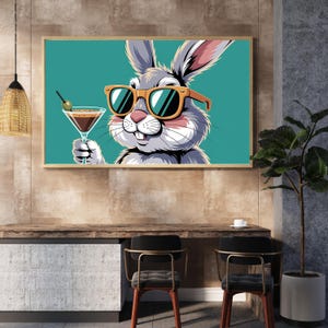 Cool Rabbit Cocktail Art Print Retro Bunny Bar Decor Wall Graphic Pop Poster Espresso Martini Drink Funny Whimical Kitchen Unique Gift Vibe