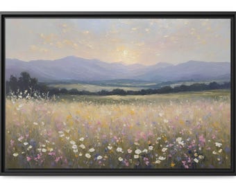 Wildflower Landscape Oil Painting Print – Floral Meadow Canvas, Mountain Valley Wall Art, Rustic Vintage Country Decor