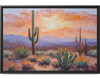 Southwestern Desert Oil Painting Print – Cactus Sunset Landscape Canvas, New Mexico & Arizona Nature Wall Art, Warm Rustic Home Decor