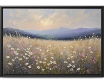 Wildflower Landscape Oil Painting Print – Floral Meadow Canvas, Mountain Valley Wall Art, Rustic Vintage Country Decor