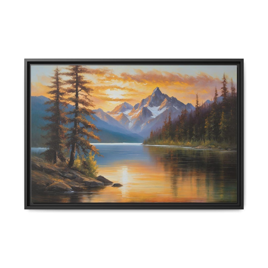 Mountain Lake Oil Painting Print – Large Forest & Sunset Landscape ...