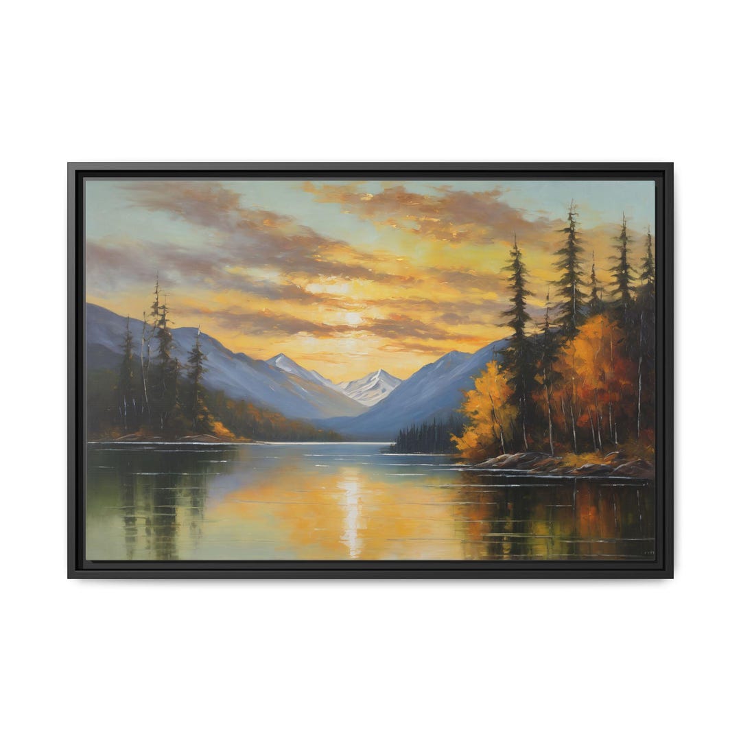 Mountain Lake Oil Painting Print – Sunset Landscape Canvas Wall Art ...