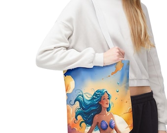Sacola Fantasia Sereia Pôr do Sol: Bolsa Reutilizável para Praia e Compras
