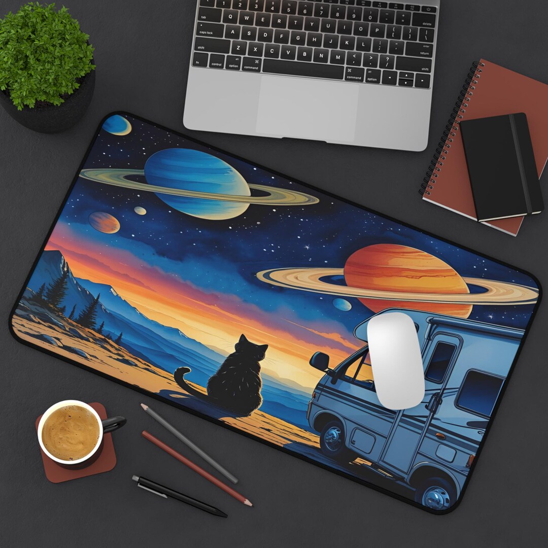Stargazing Cat and His Galactic RV Desk Mat, Mouse Pad, Gaming Desk ...