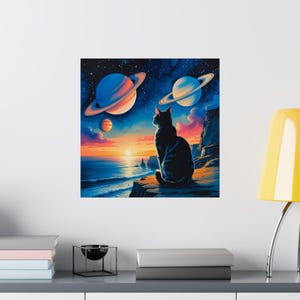 Stargazing Cat Sea Cliff Sunrise on Alien World Matte Poster, Science Fiction Art, Cat Lovers Art Sci-fi Fantasy Gift, Space Themed Wall Art