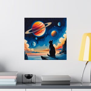 May include: A canvas print featuring a black cat silhouetted against a vibrant cosmic scene. The artwork showcases planets with rings and colorful nebulae in a deep blue sky, with orange and yellow clouds.