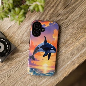 Water Color Orca Sunset Phone Case | Tough Cases for Whale Lovers, Ocean Decor, Beach Vibes, Ocean Lovers Gift, Phone Protection