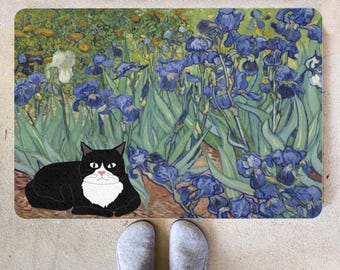 Alfombrilla para mascotas con diseño de lirios en blanco y negro de Vincent van Gogh, arte impresionista, divertida y adorable reproducción artística para amantes de los gatos con esmoquin, 30 x 45 cm