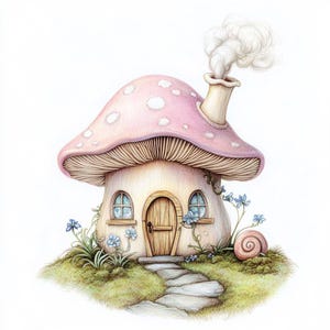 Fantazyjny domek z grzybami Clipart – 10 akwarelowych domków wróżek JPG – Enchanted Home Art do dzienników, kartek, scrapbookingu