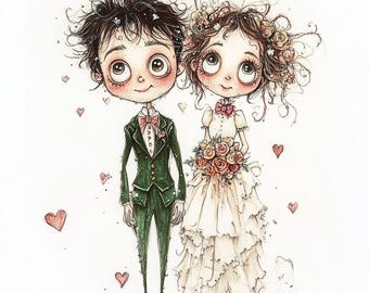 Whimsical Wedding Couple Clipart – 10 Watercolor Bride & Groom JPGs – Quirky Romance Art for Journals, Cards, Scrapbooking