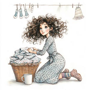 Clipart knusse klusjes voor vrouwen – 10 high-res aquarel jpg's – grillige huishoudelijke kunst voor planners en tijdschriften