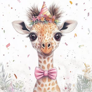 Clipart fête girafe fantaisiste - 10 images JPG d'animaux d'anniversaire aquarelles - Art de la jungle mignon pour chambre de bébé, scrapbooking et travaux manuels