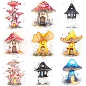 Whimsical Mushroom House Clipart – 10 High-Res Watercolor JPGs – Fantasy Fairy Homes for Crafts & Journals