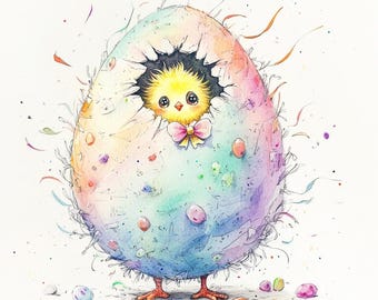 Hatching Easter Chick Clipart – 10 High-Res JPGs – Watercolor Baby Chick in Rainbow Egg for Spring Crafts