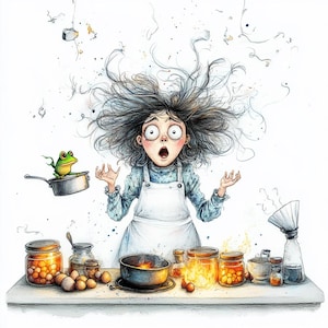 May include: A woman with wild hair stands in a kitchen with a pot on fire, a frog in a pot, and jars of food. The scene is chaotic and suggests a kitchen disaster.