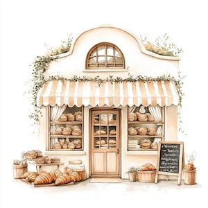 Grillige bakkerij storefront clipartset – 10 hoge resolutie JPG's – Cosy Bread Shop illustratie voor ambachten en tijdschriften