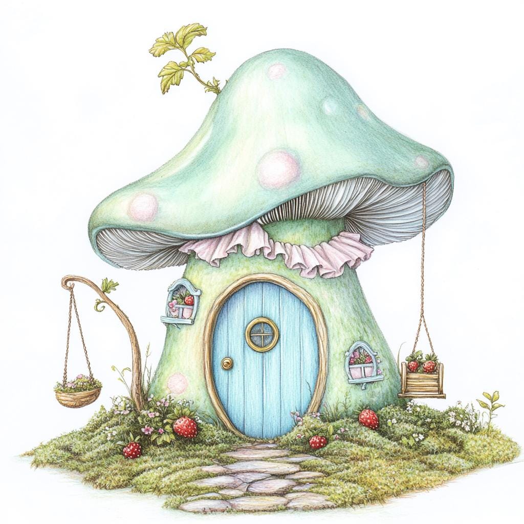 気まぐれなキノコハウスのクリップアート – 水彩画風ファンタジー