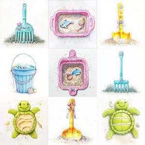 Clipe de brinquedo de praia fofo – 10 JPGs de balde e pá de areia em aquarela de alta resolução – Clipe de tartaruga e golfinho de verão para diários, artesanato e scrapbook