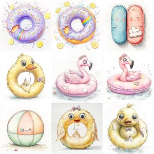 Lindo flotador de piscina: 10 imágenes JPG de verano en acuarela de alta resolución: donas, flamencos y patos para manualidades playeras.