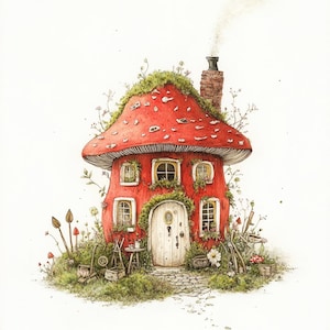 Whimsical Mushroom Cottage Clipart – 10 High-Res JPGs – Fantasy Forest House Art for Journals & Crafts