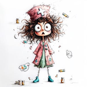 Nyckfull sjuksköterska barn clipart – 10 högupplösta akvarell-JPG-bilder – Söta medicinska flickor för kort, dagböcker och pyssel