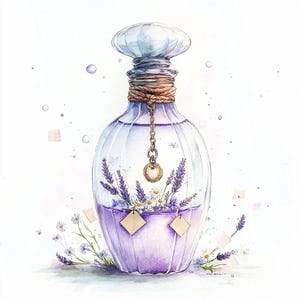 May include: A watercolor painting of a glass bottle with a purple liquid inside. The bottle has a stopper with a rope tied around it. There are lavender flowers and white flowers inside the bottle. The bottle is sitting on a white background.