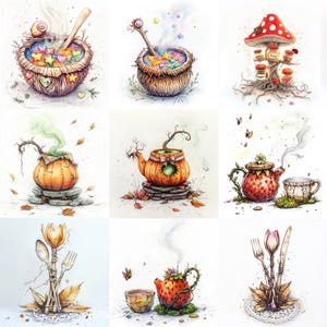 Clipart de cozinha cottagecore caprichoso – 10 JPGs de culinária e chá em aquarela – Arte de comida de conto de fadas para diários, cartões e scrapbooking