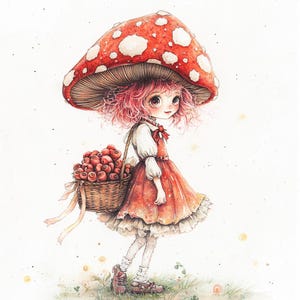 Clipart fille champignon – 10 fichiers JPG aquarelle haute résolution – Art lunatique de fées de la forêt pour le journaling, les travaux manuels, le scrapbooking