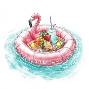 May include: A pink flamingo pool float with a tray holding fruit, pastries, and a blue drink with two straws. The float is in a turquoise pool.