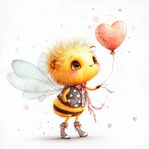 Valentine Bee Clipart Set – 10 High-Res JPGs – Whimsical Bee with Heart Balloon for Love-Themed Crafts & Journals