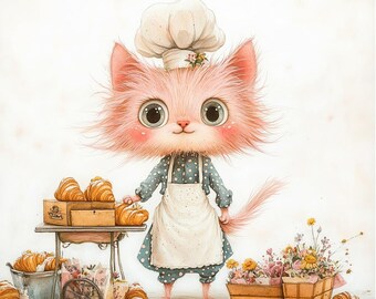Whimsical Baker Cat Clipart Set – 10 High-Res JPGs – Cute Pastry Chef Kitty with Croissants for Crafts & Journals