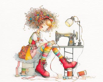 Whimsical Sewing Girl Clipart – 10 Watercolor Crafter Character JPGs – Cute Stitching Art for Journals, Cards, Scrapbooking
