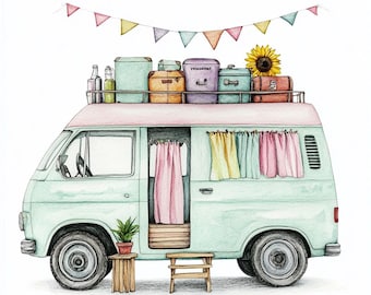 Clipart de caravana caprichosa: 10 imágenes JPG de caravanas en acuarela: Arte de camping acogedor para diarios, tarjetas, álbumes de recortes y manualidades