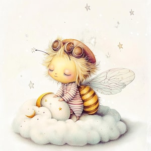 May include: A cute cartoon bee with closed eyes wearing a brown hat and goggles is sleeping on a fluffy white cloud with a crescent moon and stars.