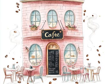 Whimsical Cafe Clipart – 10 High-Res Watercolor Coffee Shop JPGs – Cozy Coffee Clip Art for Junk Journals, Crafts, Scrapbooking