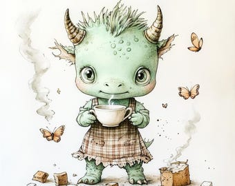 May include: A green, cartoon dragon with horns and a plaid dress is drinking tea from a white cup. The dragon is surrounded by sugar cubes and butterflies.