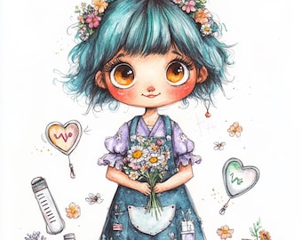 Clipart de Enfermera Floral – 10 JPGs de acuarela con temática médica – Lindos dibujos animados para diarios, tarjetas y manualidades
