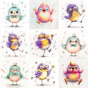 Clipart oiseau dansant funky - 10 fichiers JPG aquarelles originaux - Oiseaux drôles de fête dans des verres et des chapeaux pour des journaux et des cartes