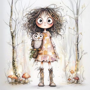 Clipart de Chica del Bosque: 10 JPG de acuarela de bosque. Adorables ilustraciones otoñales para diarios, manualidades y decoración.