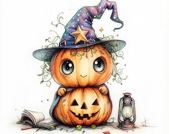 Niedliche Kürbis-Halloween-Clipart - 10 hochauflösende Aquarell JPGs - Herbst Charaktere für Journaling, Bastelarbeiten und Aufkleber